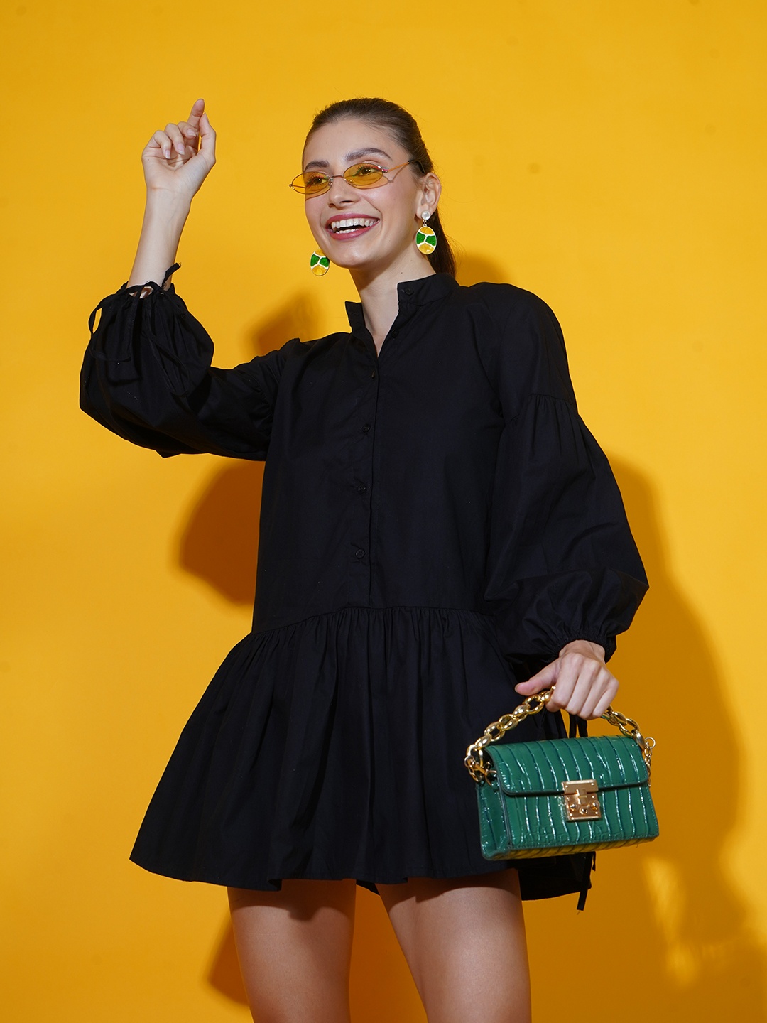 

Stylecast X Hersheinbox Women Black Solid Tiered Pure Cotton Shirt Mini Dress