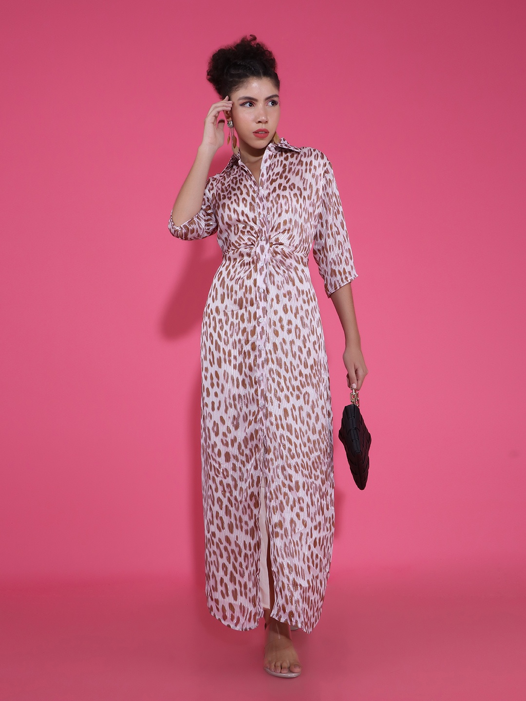

Stylecast X Hersheinbox Peach-Coloured & Brown Animal Satin Empire Maxi Dress