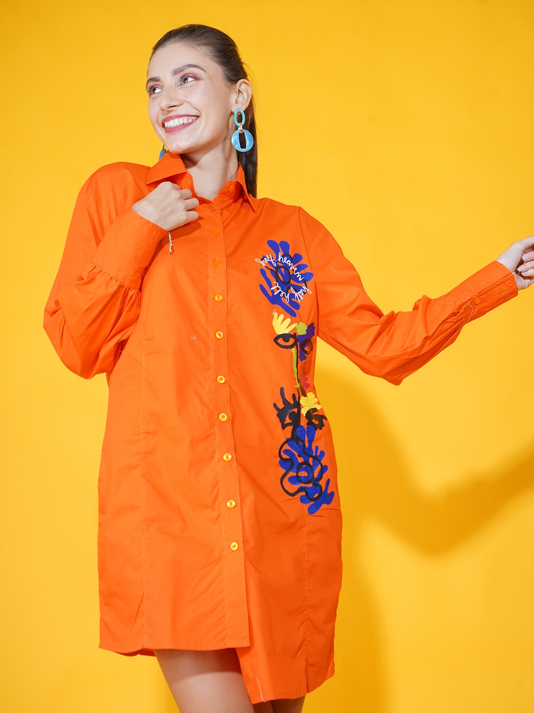 

Stylecast X Hersheinbox Women Orange Graphic Printed Pure Cotton Shirt Dress