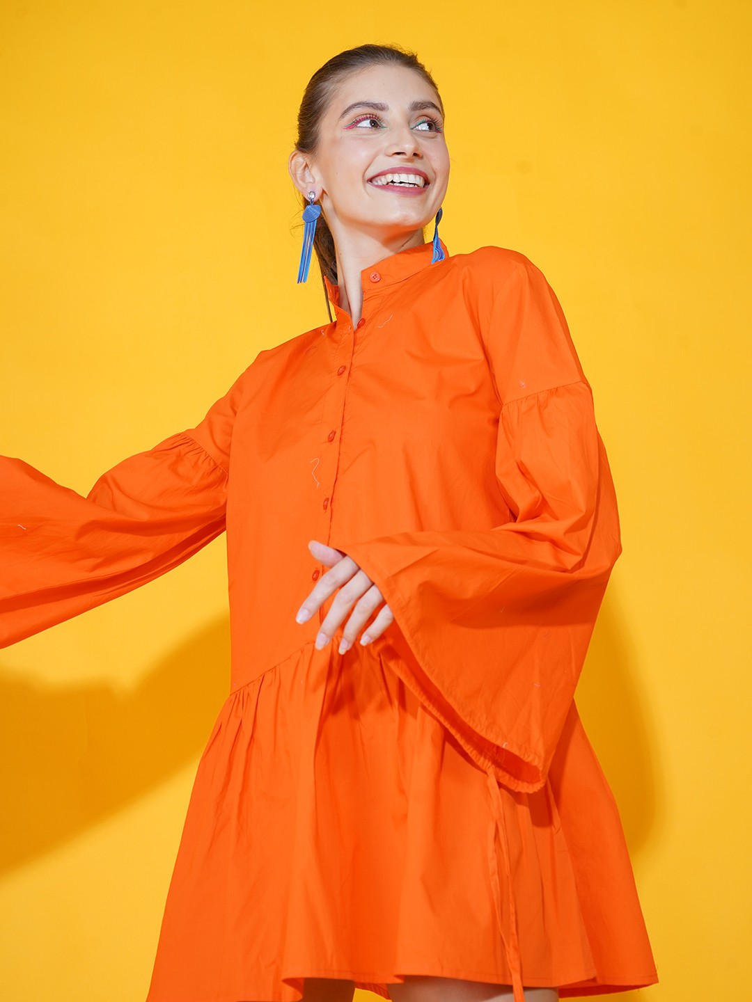 

Stylecast X Hersheinbox Pure Cotton Bishop Sleeves Drop-Waist Dress, Orange