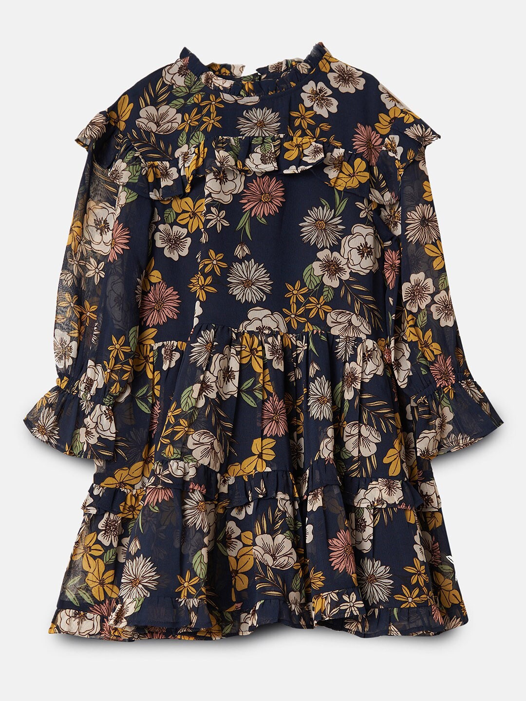 Angel & Rocket Navy Blue & Yellow Floral Georgette A-Line Dress