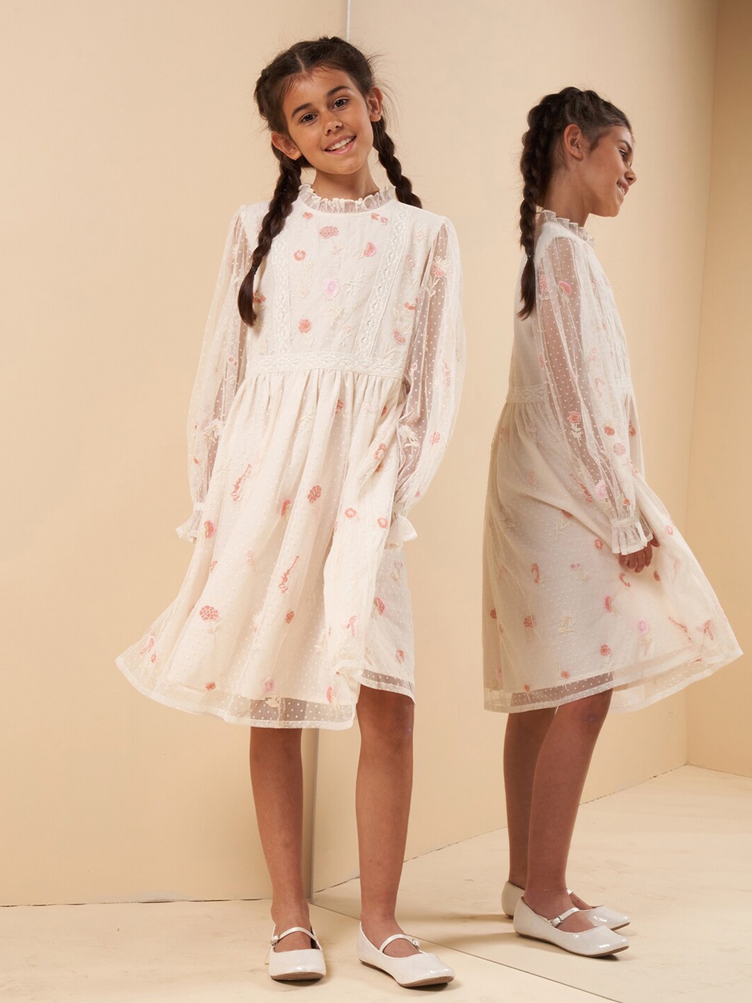 

Angel & Rocket Cream-Coloured Floral Embroidered Dress