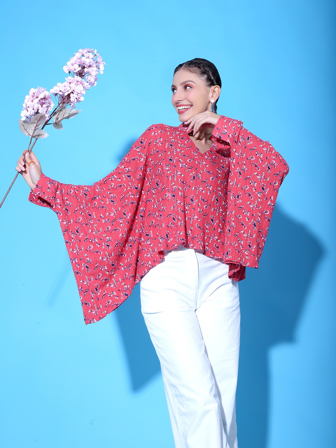 

Stylecast X Hersheinbox Coral Pink Floral Print Kaftan Top
