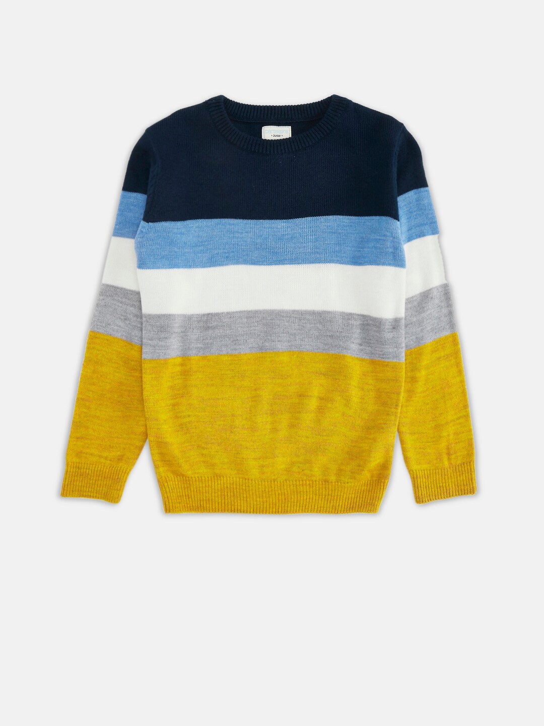 

Pantaloons Junior Boys Navy Blue & White Colourblocked Striped Pullover