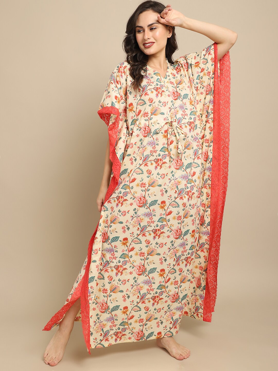 

Boston Club Women Cream & Orange Printed Maxi Kaftan Cotton Nightdress