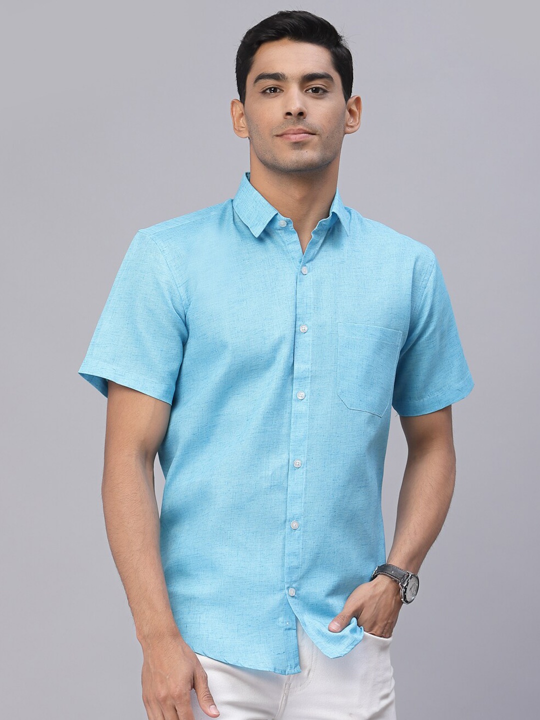 

NEUDIS Men Turquoise Blue Half Sleeves Casual Shirt