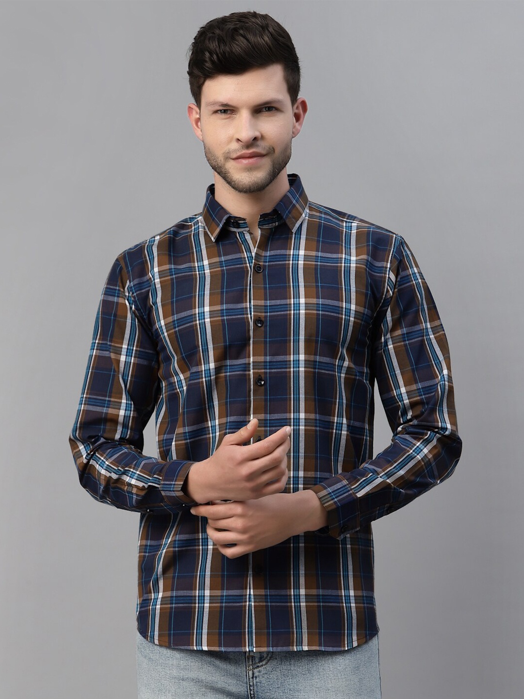 

NEUDIS Men Navy Blue Classic Tartan Checks Checked Casual Shirt