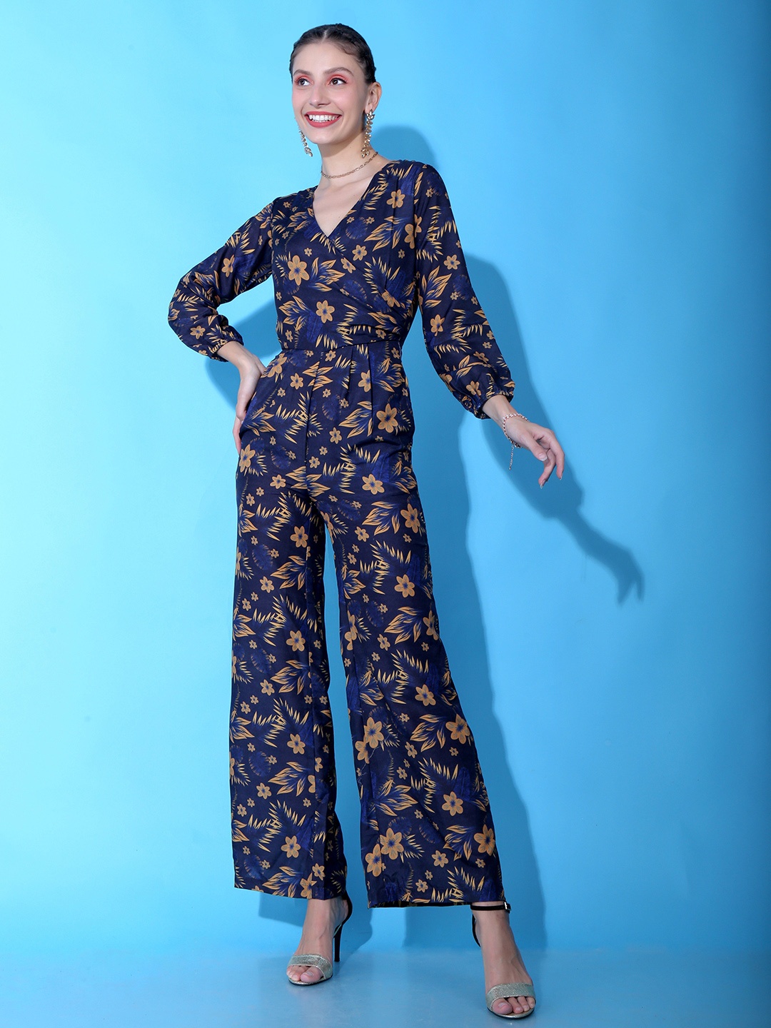 

Stylecast X Hersheinbox Floral Printed V Neck Basic Jumpsuit, Navy blue