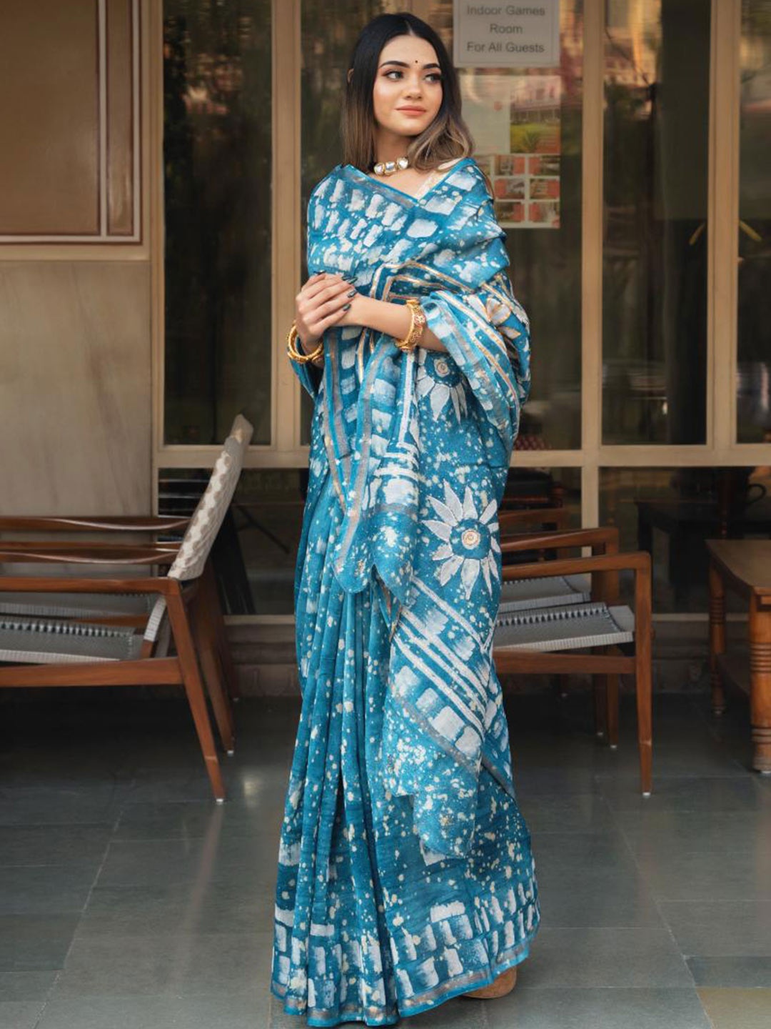 

Baisacrafts Turquoise Blue & White Batik Gotta Patti Art Silk Block Print Saree