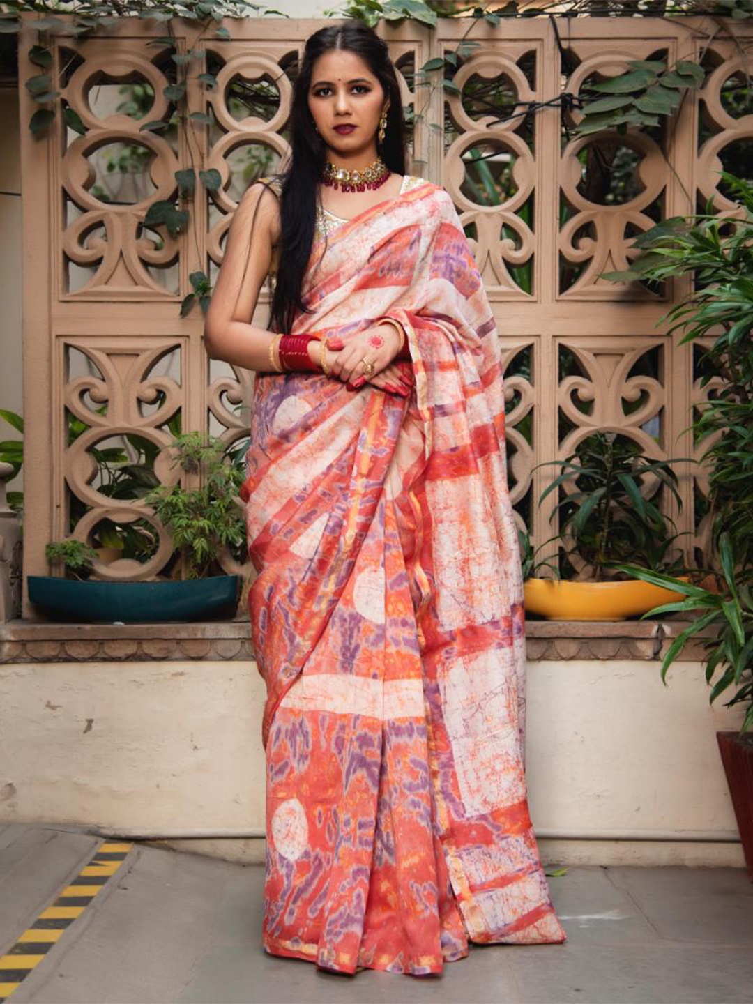 

Baisacrafts Peach-Coloured & Purple Batik Art Silk Block Print Saree