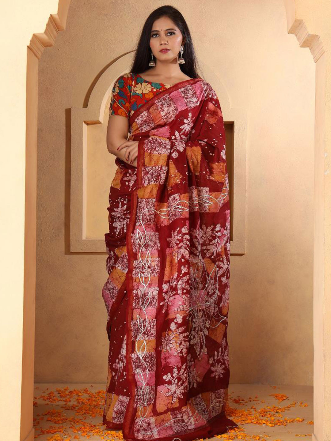 

Baisacrafts Maroon & Orange Batik Art Silk Block Print Saree