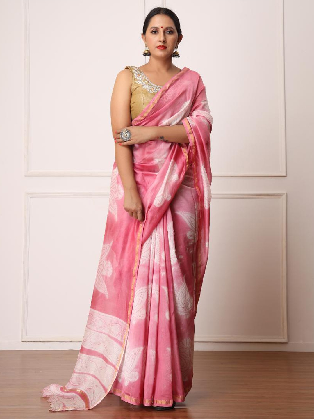 

Baisacrafts Pink & White Batik Print Art Silk Chanderi Saree