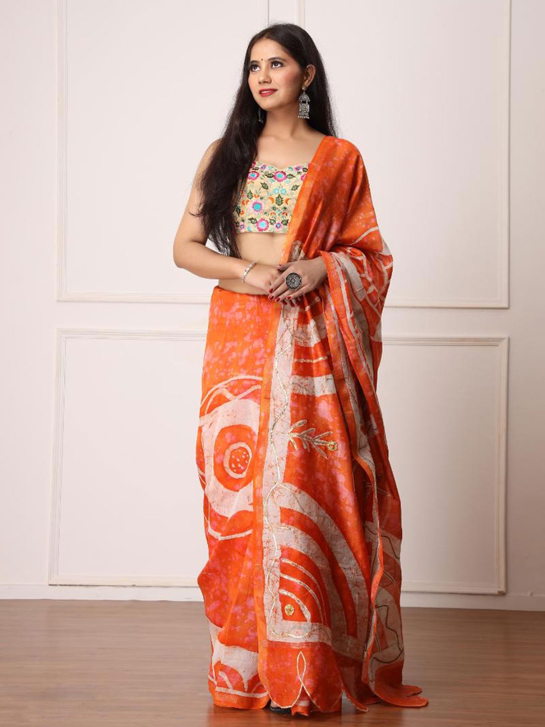 

Baisacrafts Orange & Gold-Toned Batik Gotta Patti Art Silk Block Print Saree