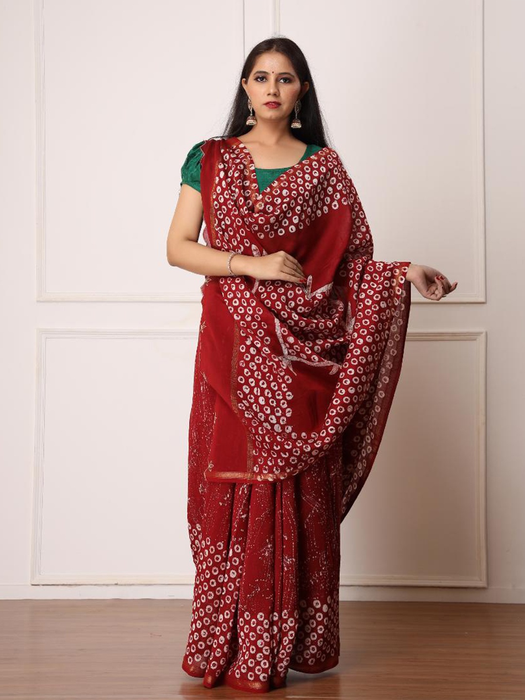 

Baisacrafts Women Maroon Batik Gotta Patti Art Silk Block Print Saree