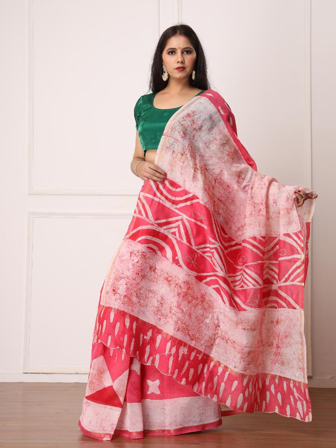 

Baisacrafts Women Peach Batik Gotta Patti Art Silk Block Print Saree