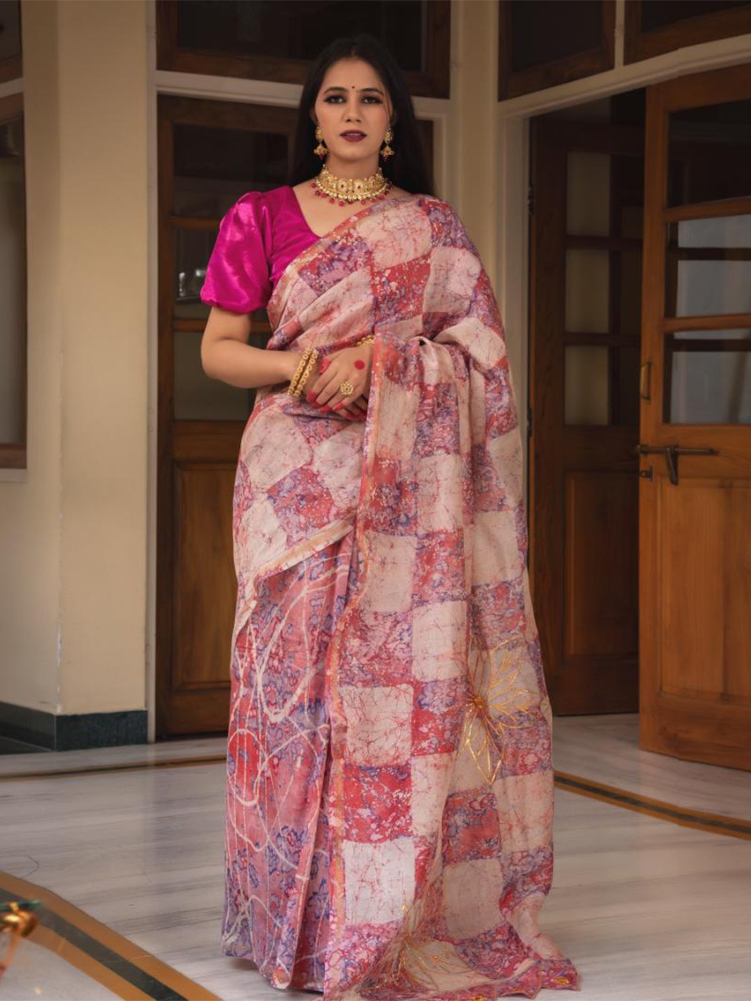 

Baisacrafts Coral & Blue Batik Art Silk Block Print Saree