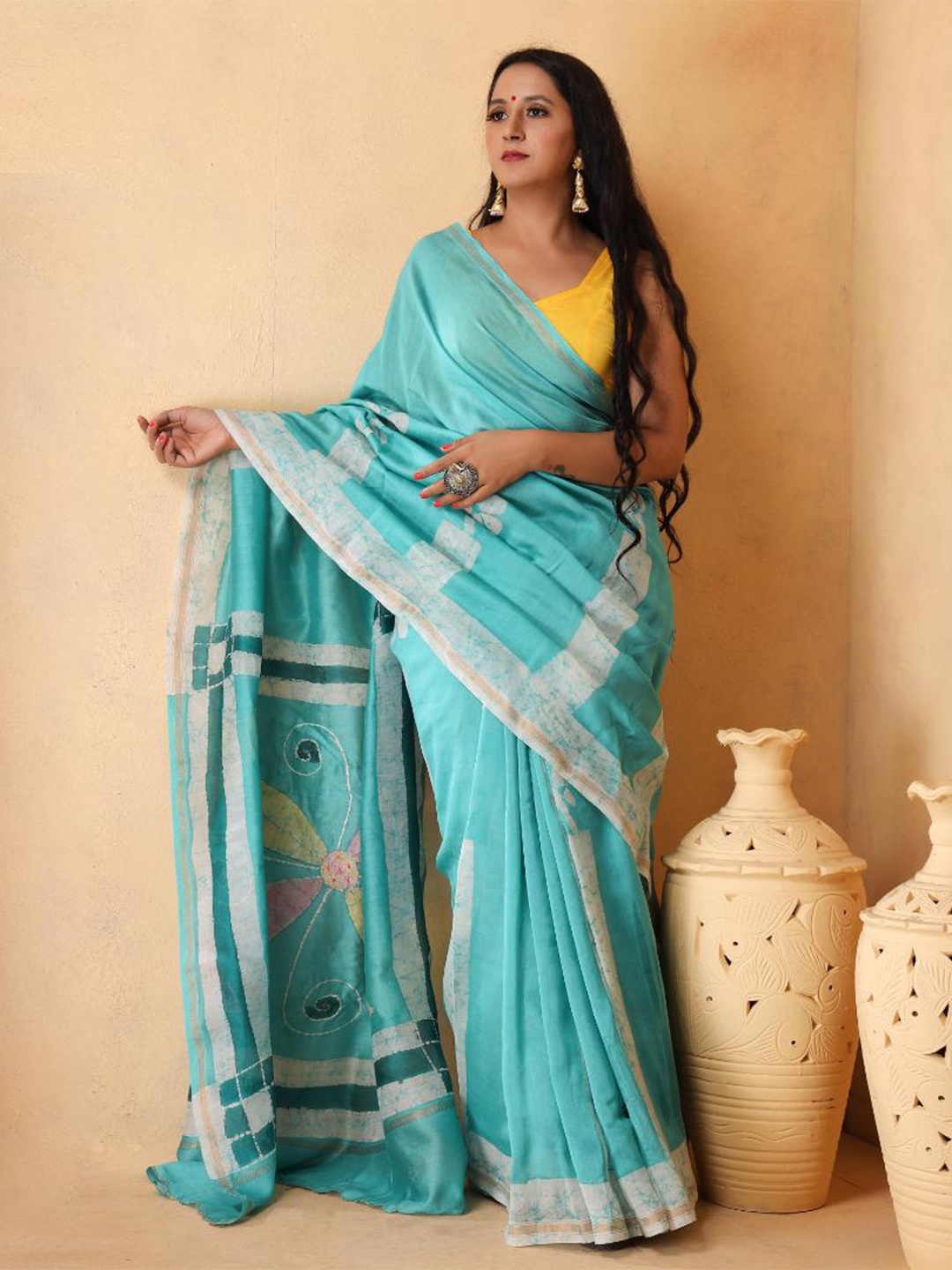 

Baisacrafts Turquoise Blue & Pink Batik Art Silk Chanderi Saree