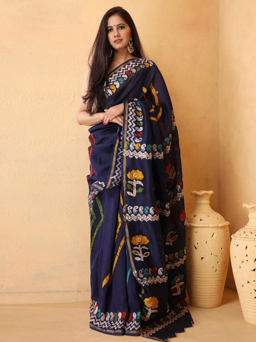 

Baisacrafts Navy Blue Batik Art Silk Block Print Saree