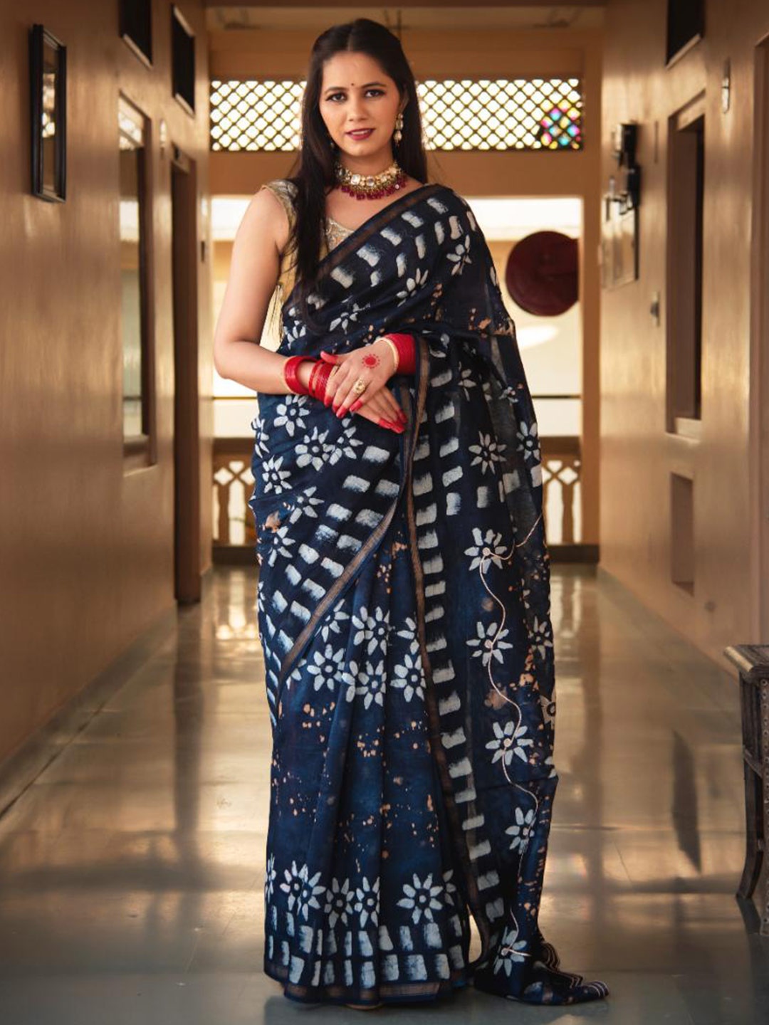 

Baisacrafts Blue & White Batik Gotta Patti Art Silk Block Print Saree