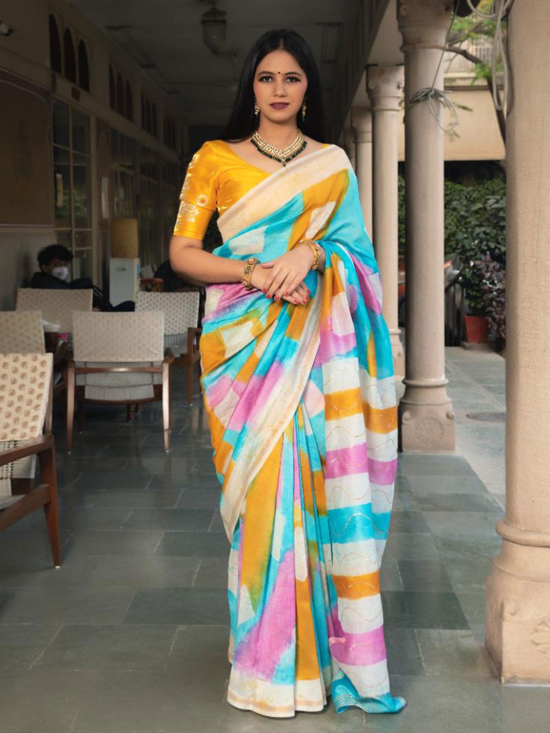 

Baisacrafts Orange & Blue Batik Art Silk Chanderi Saree