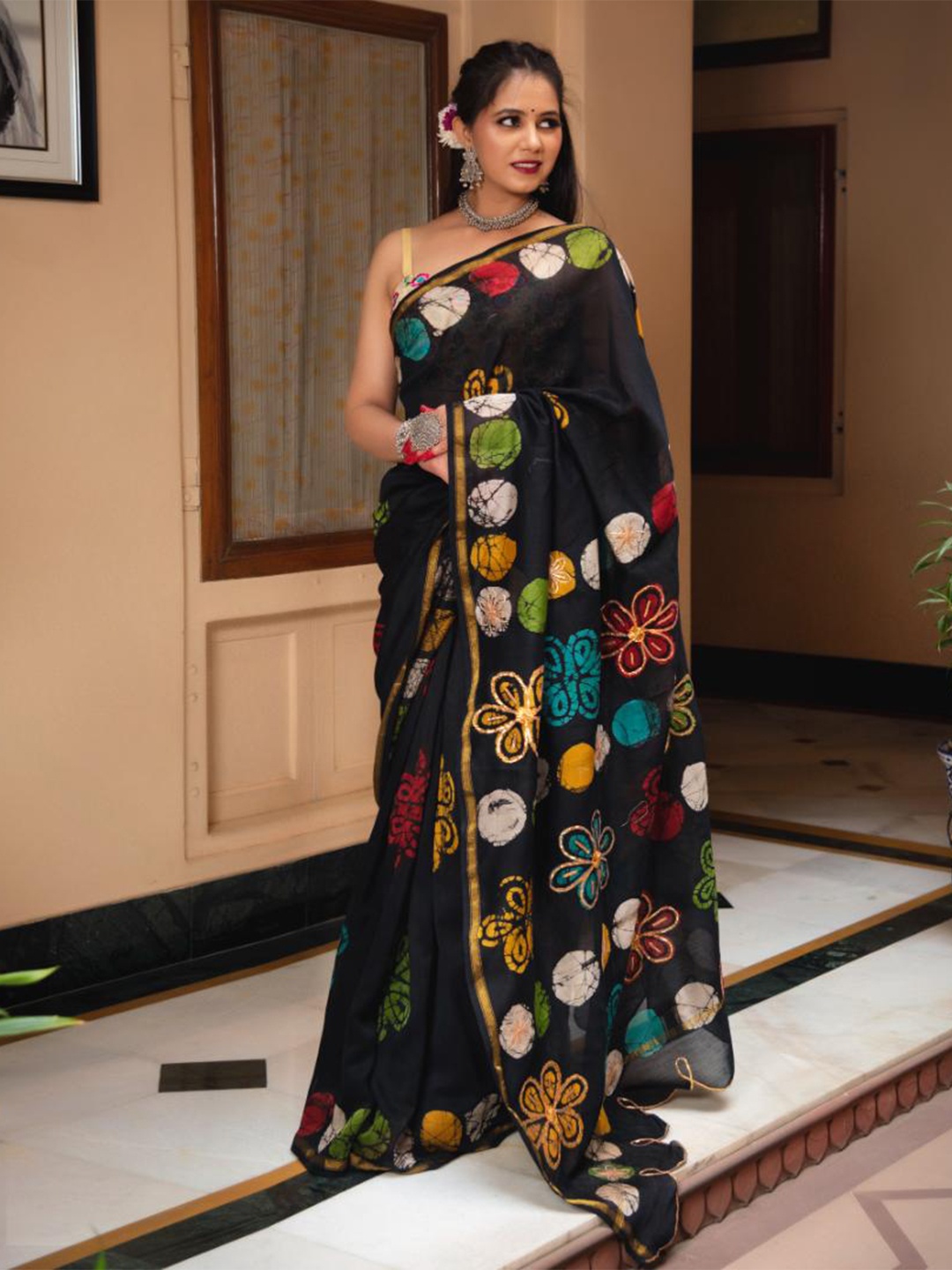 

Baisacrafts Black Batik Art Silk Block Print Saree