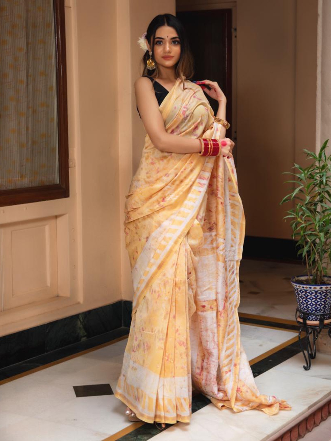 

Baisacrafts Lime Green & White Batik Art Silk Chanderi Saree