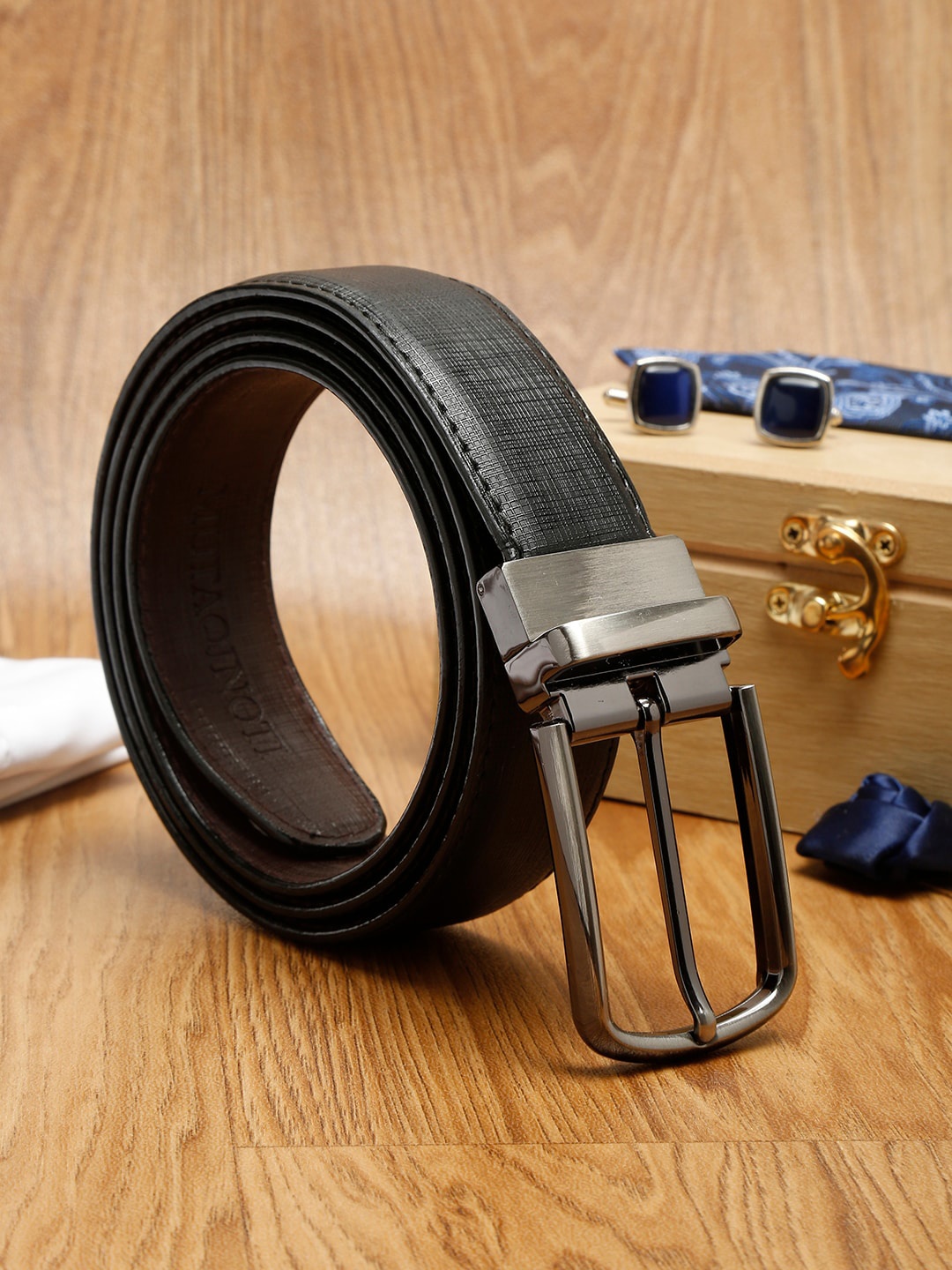 

MUTAQINOTI Men Black Textured PU Formal Belt