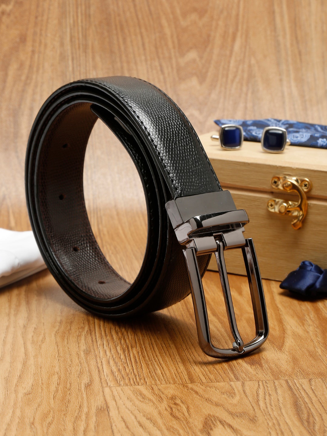 

MUTAQINOTI Men Black Textured PU Formal Belt