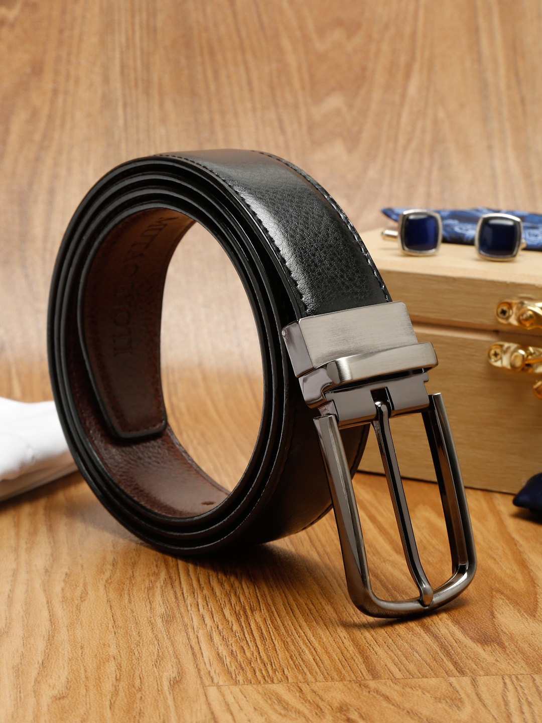 

MUTAQINOTI Men Black Textured PU Formal Belt