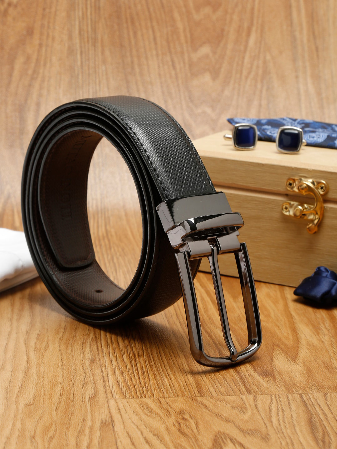 

MUTAQINOTI Men Black Textured PU Reversible Formal Belt