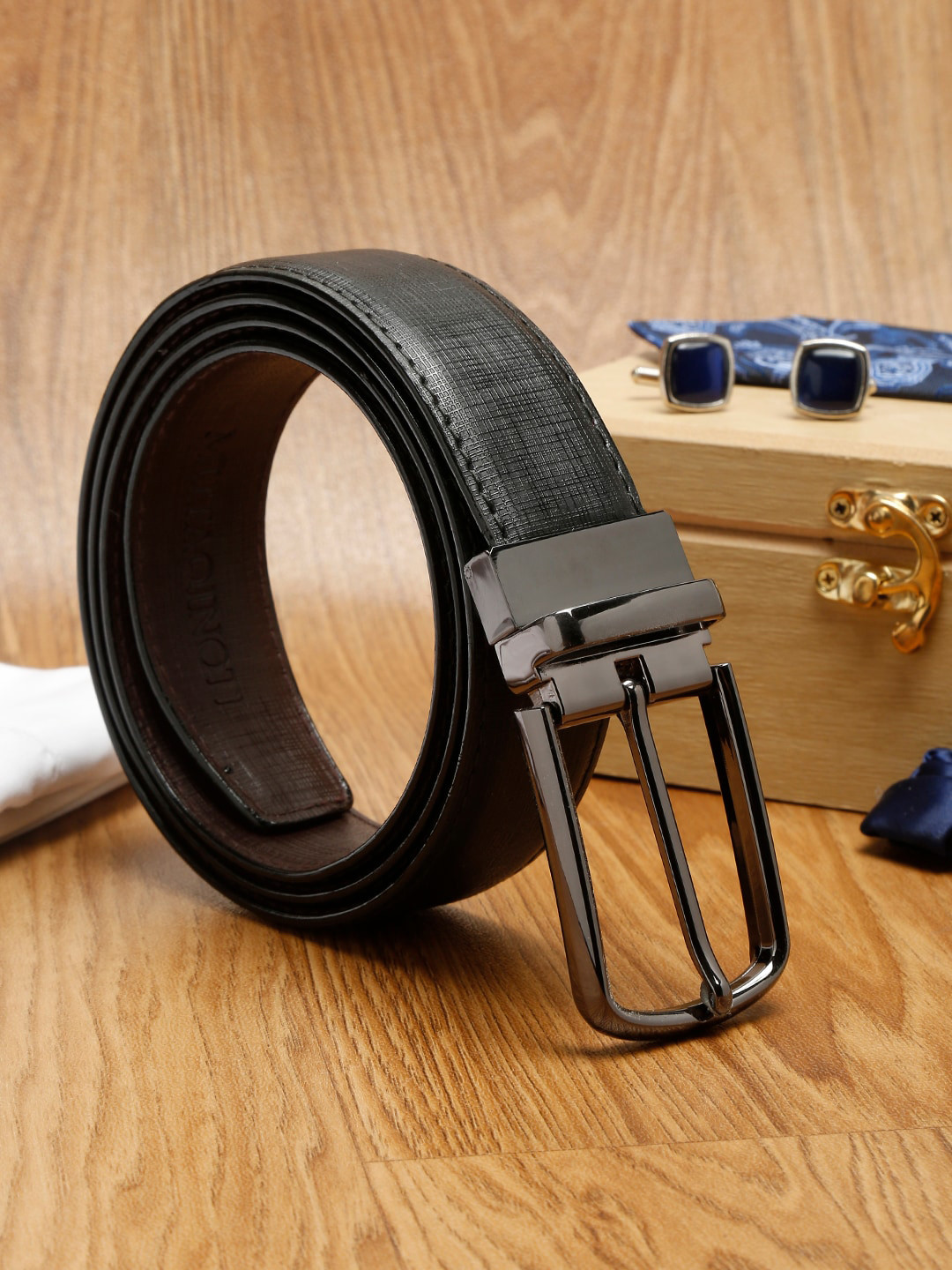

MUTAQINOTI Men Black Textured PU Formal Belt