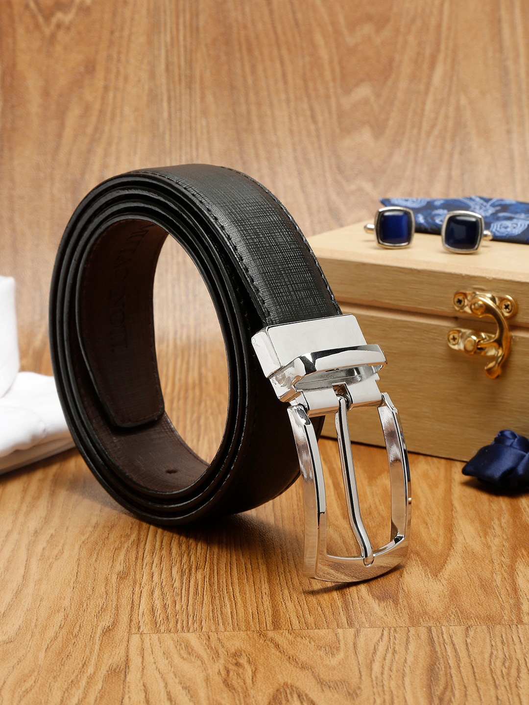 

MUTAQINOTI Men Black Textured PU Formal Reversible Belt