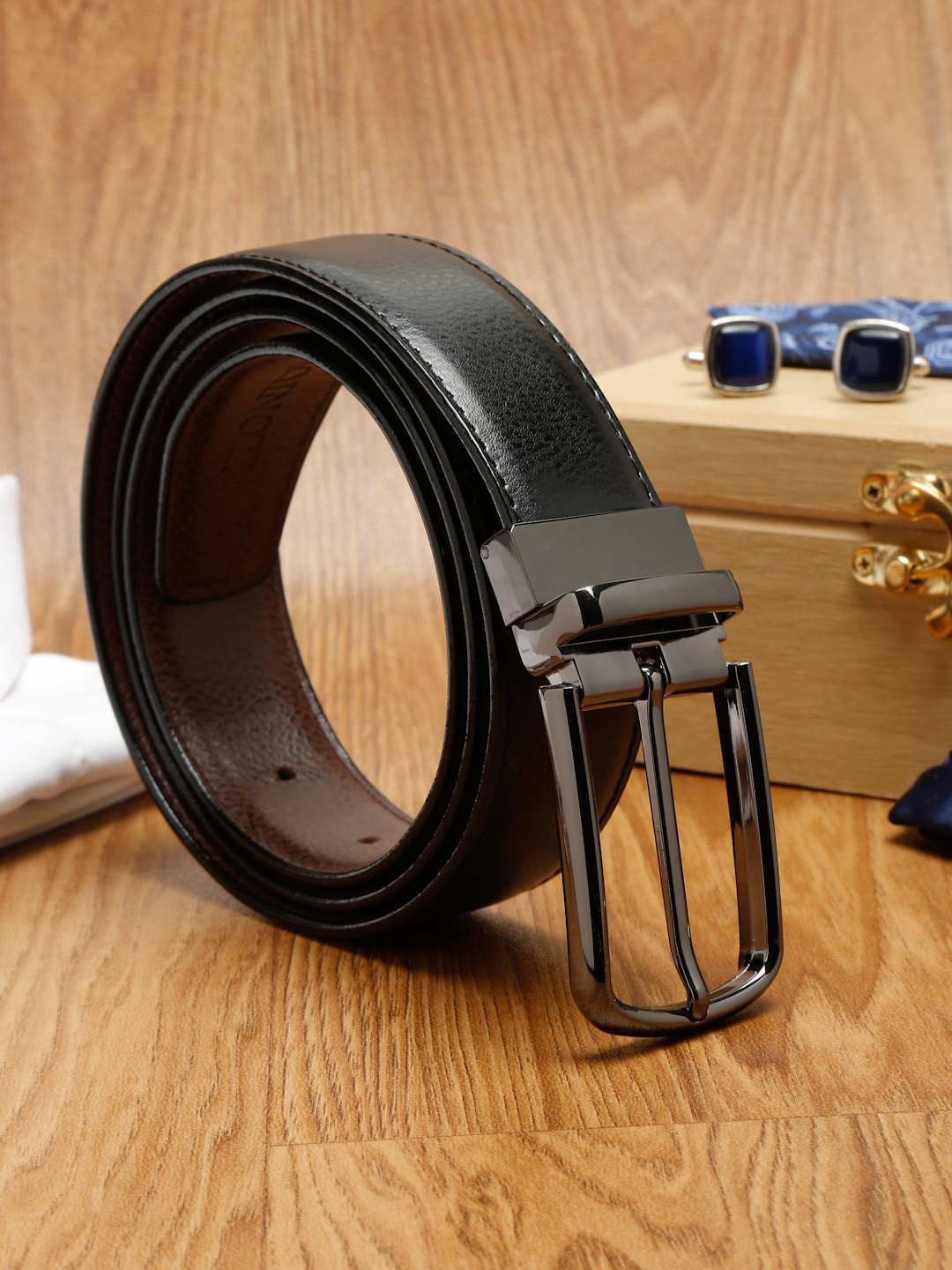 

MUTAQINOTI Men Black Textured PU Formal Belt