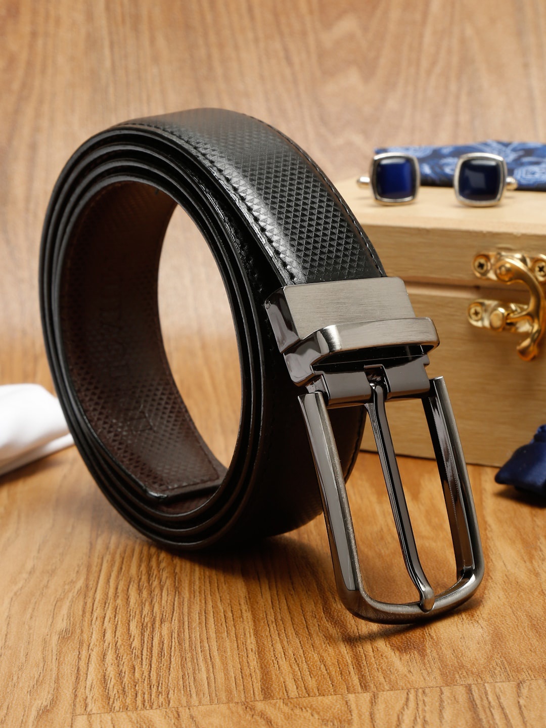 

MUTAQINOTI Men Black Textured PU Formal Belt