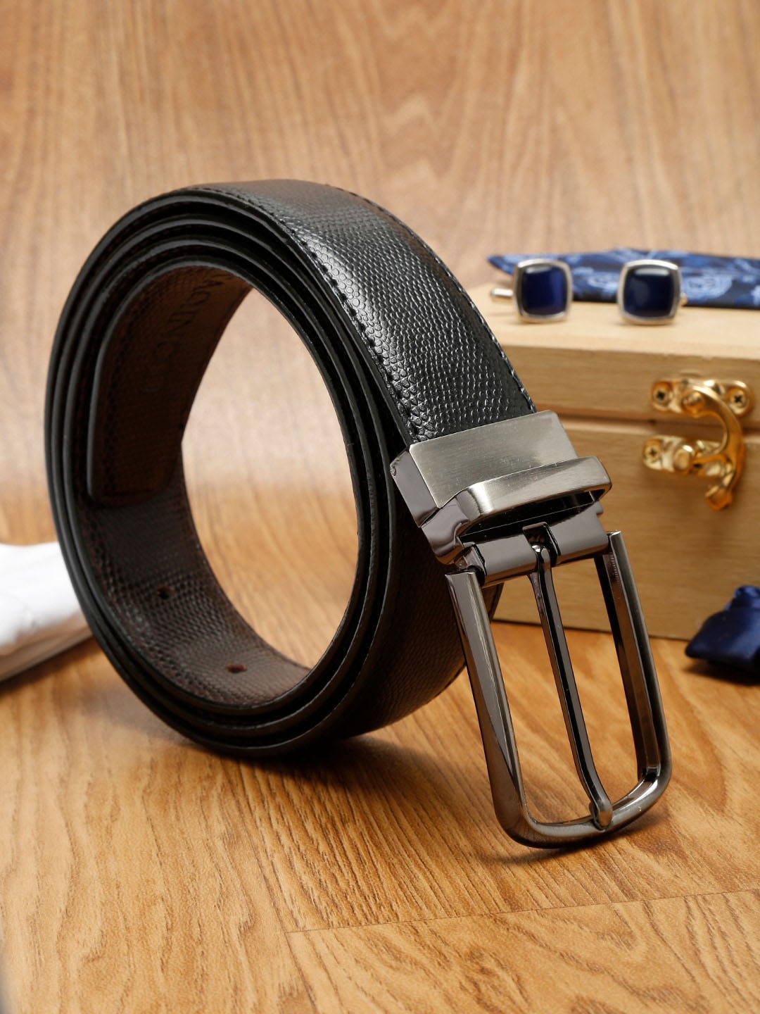 

MUTAQINOTI Men Black Textured PU Formal Reversible Belt