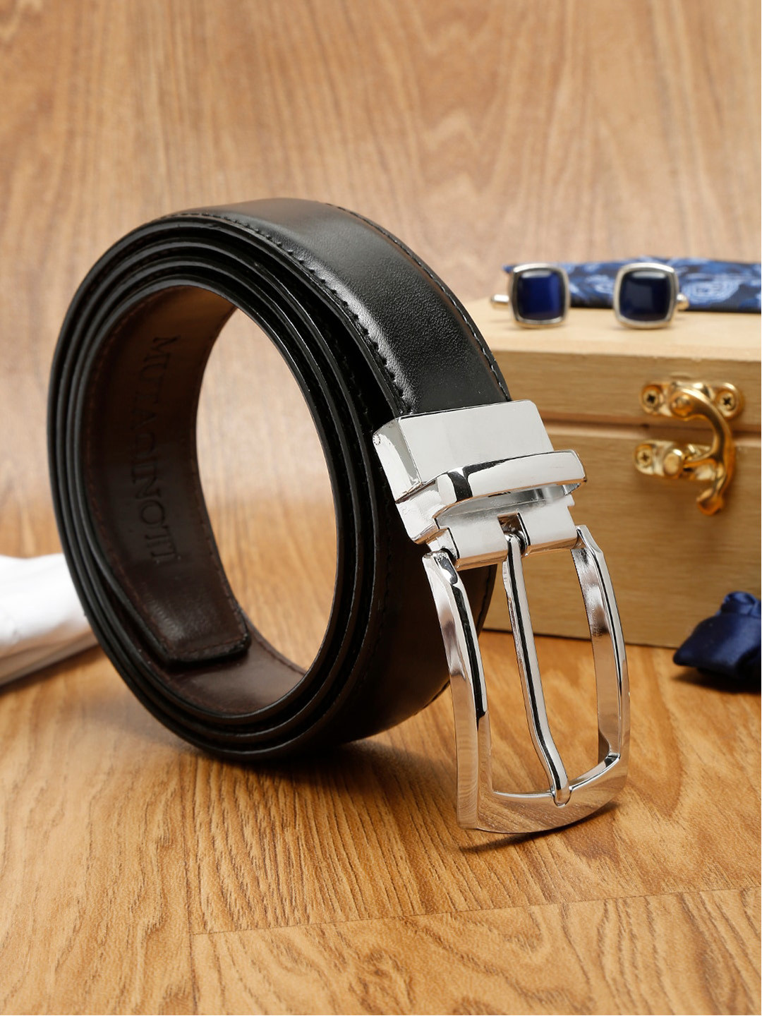 

MUTAQINOTI Men Black PU Formal Reversible Belt