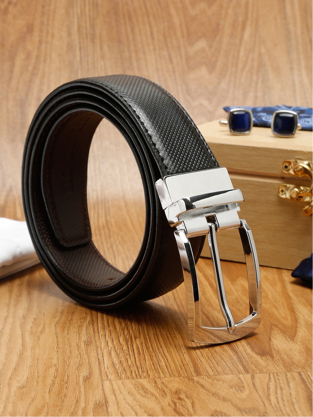 

MUTAQINOTI Men Black Reversible Vegan Leather Belt