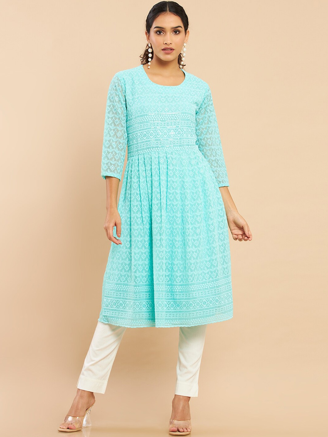 

Soch Women Turquoise Blue Floral Embroidered Chikankari Georgette Kurta