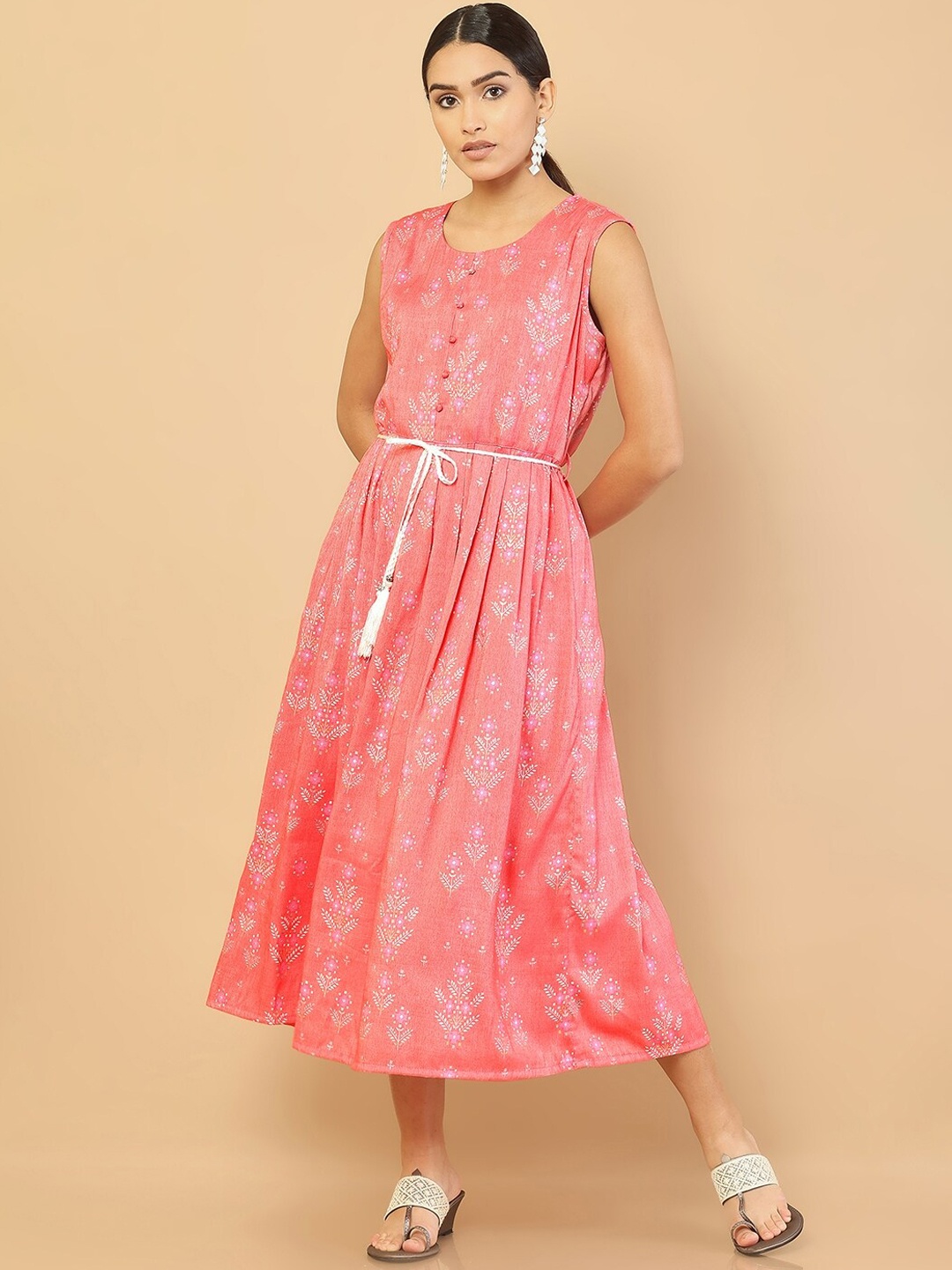 

Soch Women Peach-Coloured Ethnic Motifs Printed Keyhole Neck Flared Sleeves Anarkali Kurta