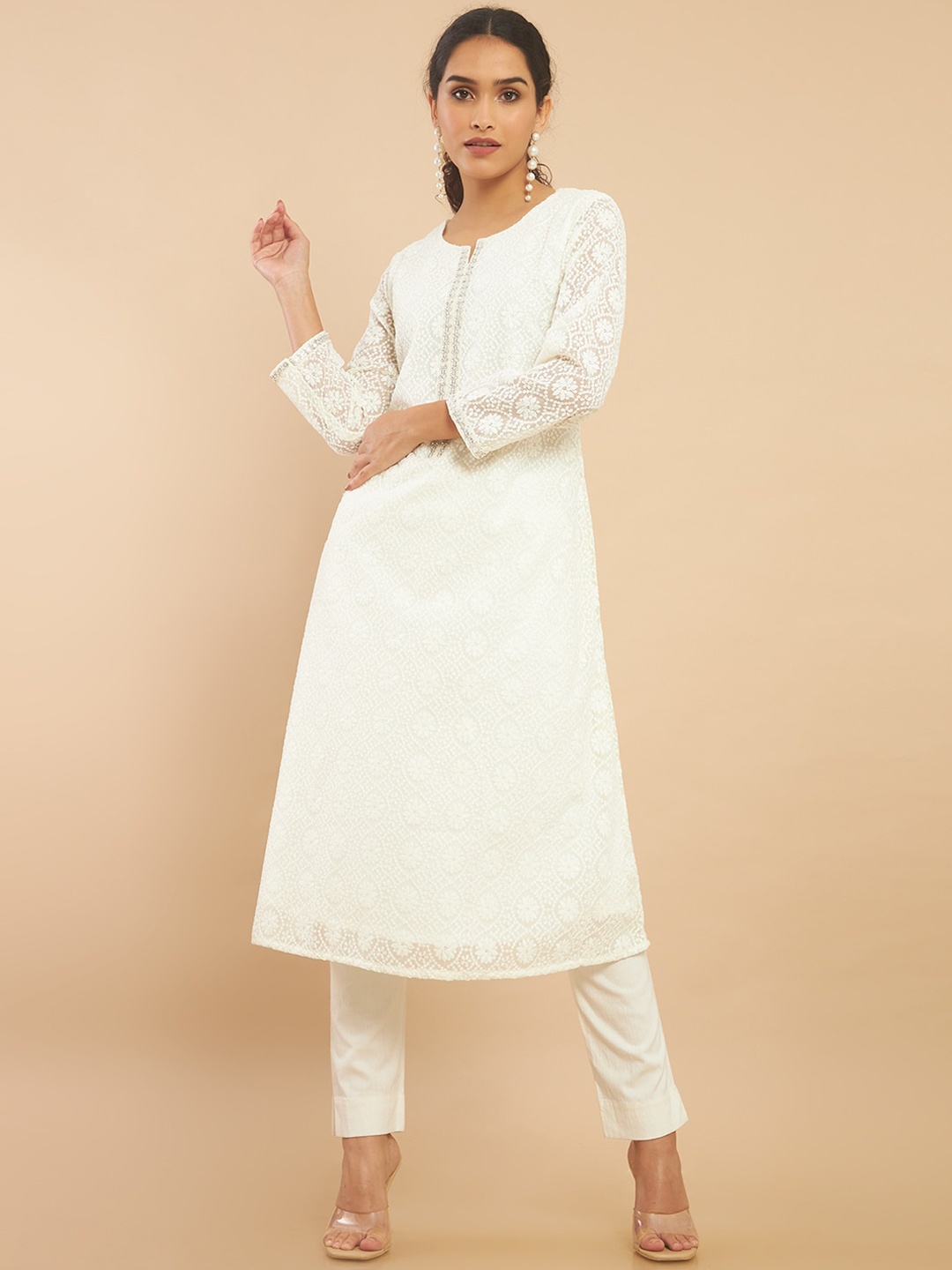 

Soch Women Cream-Coloured Ethnic Motifs Chikankari Georgette Kurta