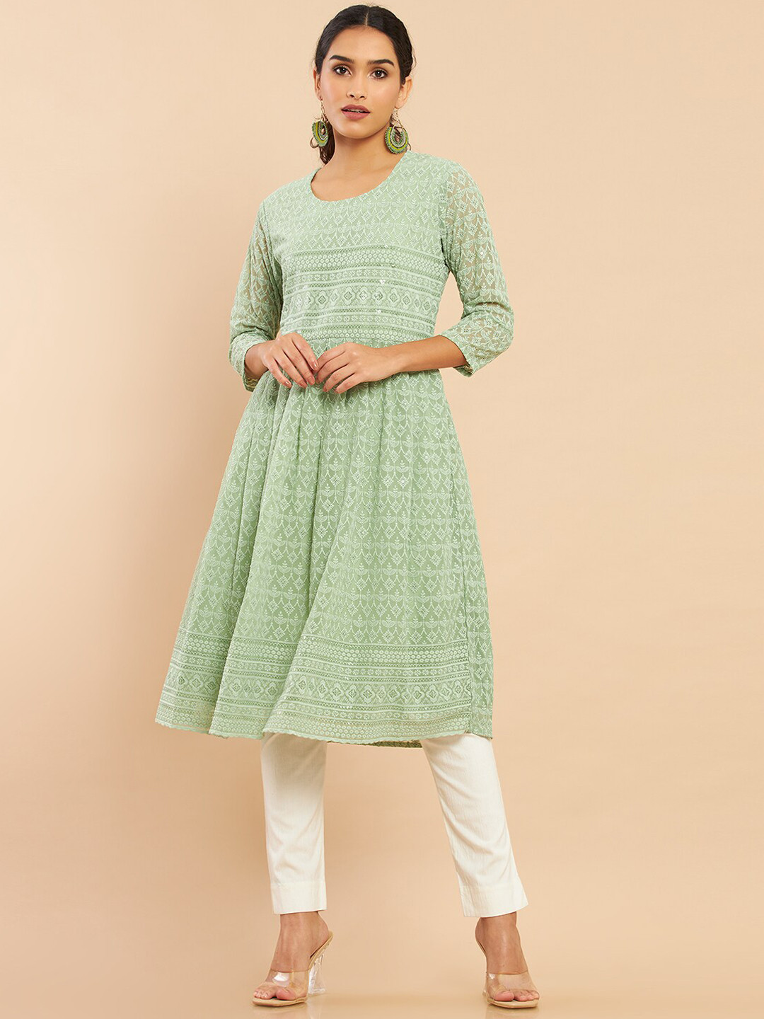 

Soch Women Green Ethnic Motifs Chikankari Georgette Anarkali Kurta