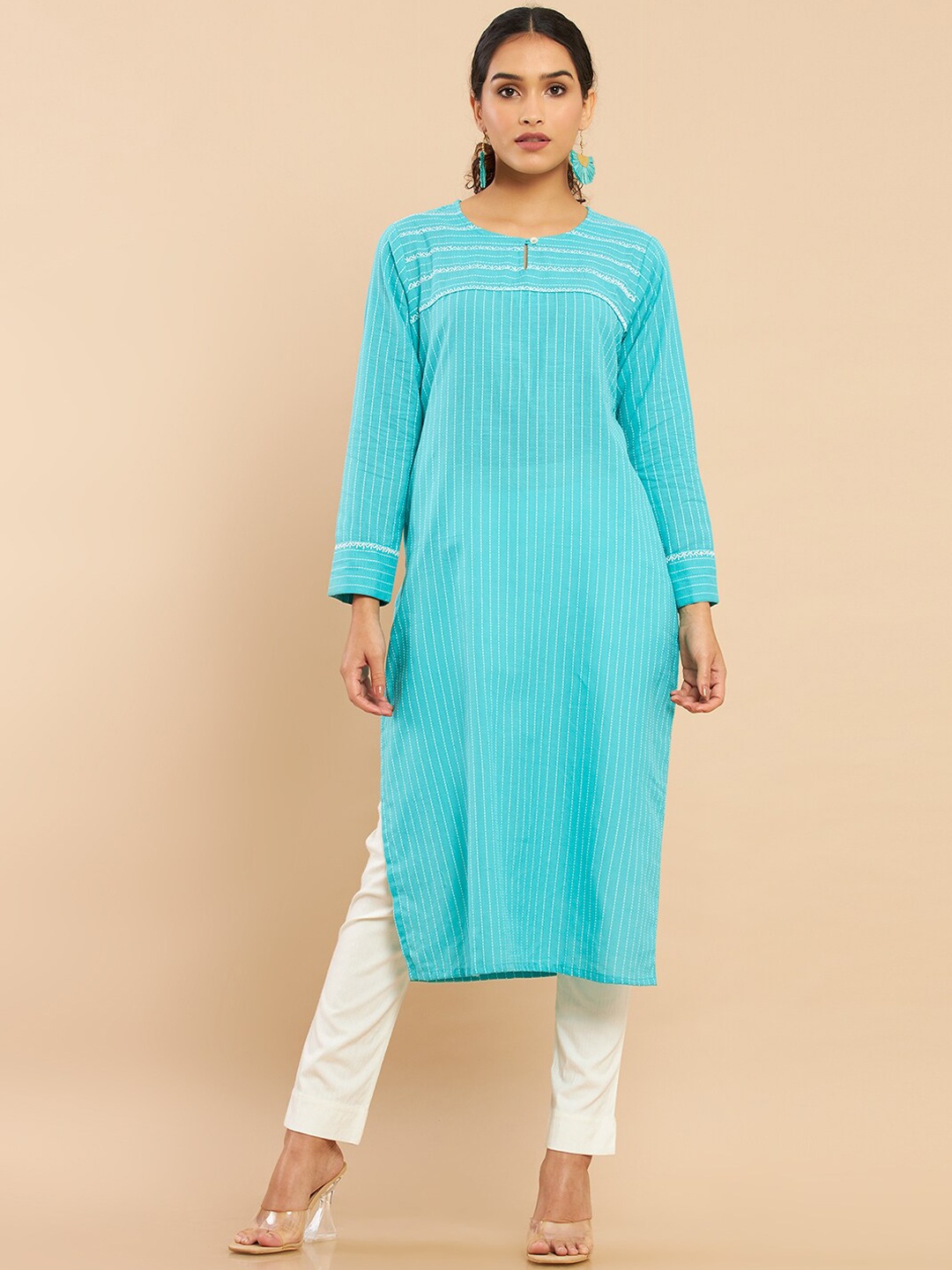 

Soch Women Blue Striped Flared Sleeves Thread Work Anarkali Kurta
