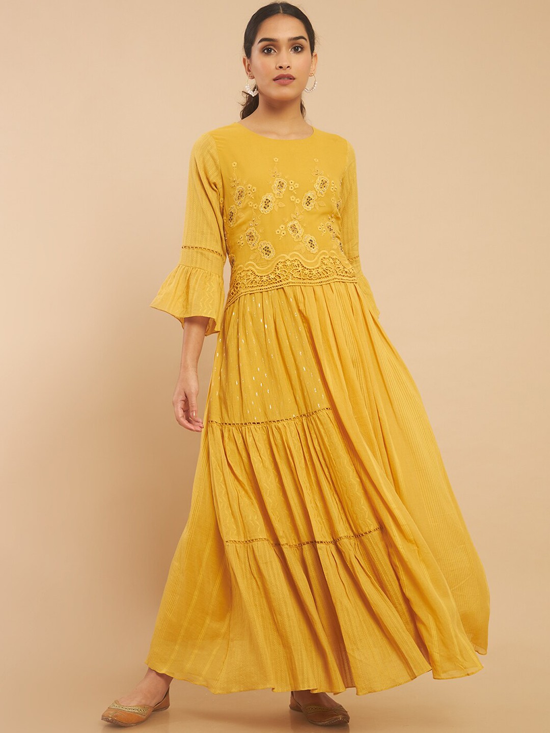 

Soch Women Mustard Yellow Bell Sleeves Thread Work Kurta