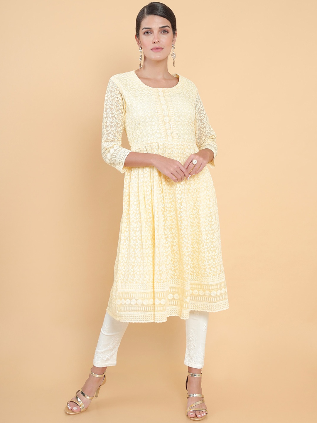 

Soch Women Yellow Flared Sleeves Chikankari Georgette Anarkali Kurta