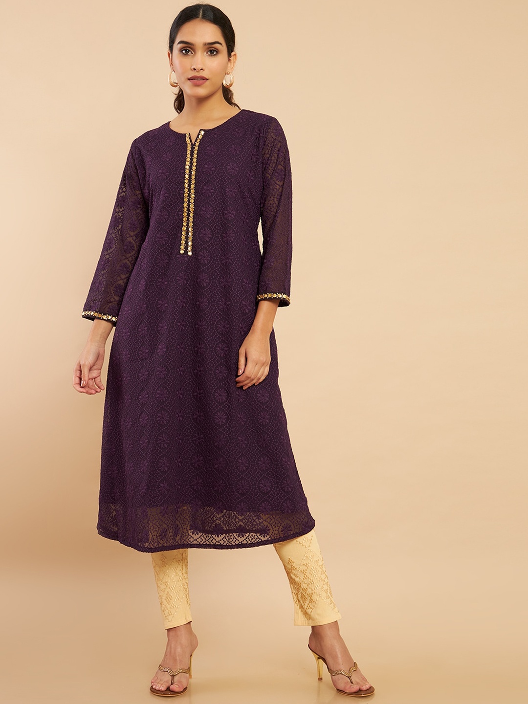 

Soch Women Purple Ethnic Motifs Thread Work Georgette Kurta