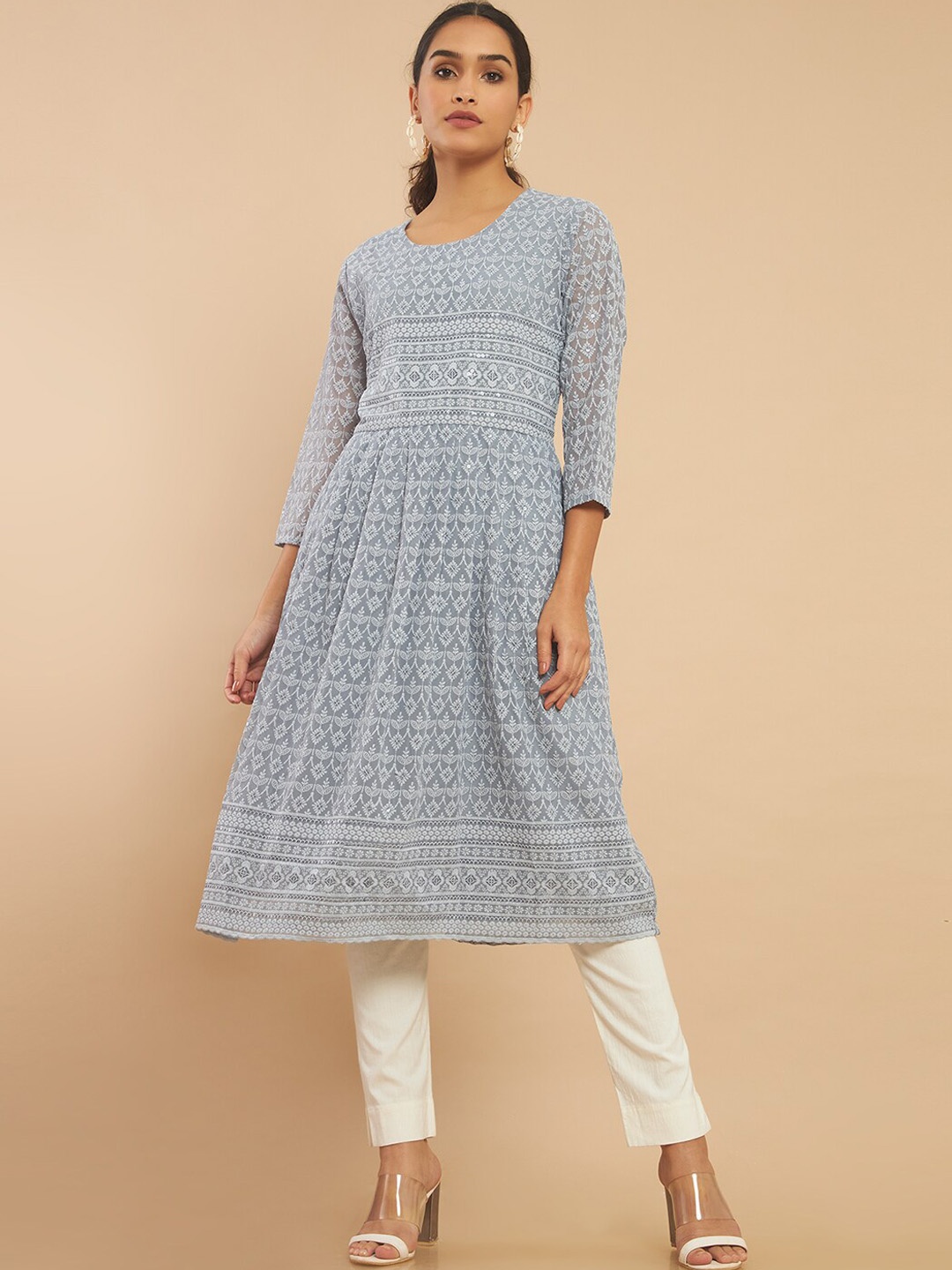 

Soch Women Grey Ethnic Motifs Printed Thread Work Georgette Kurta