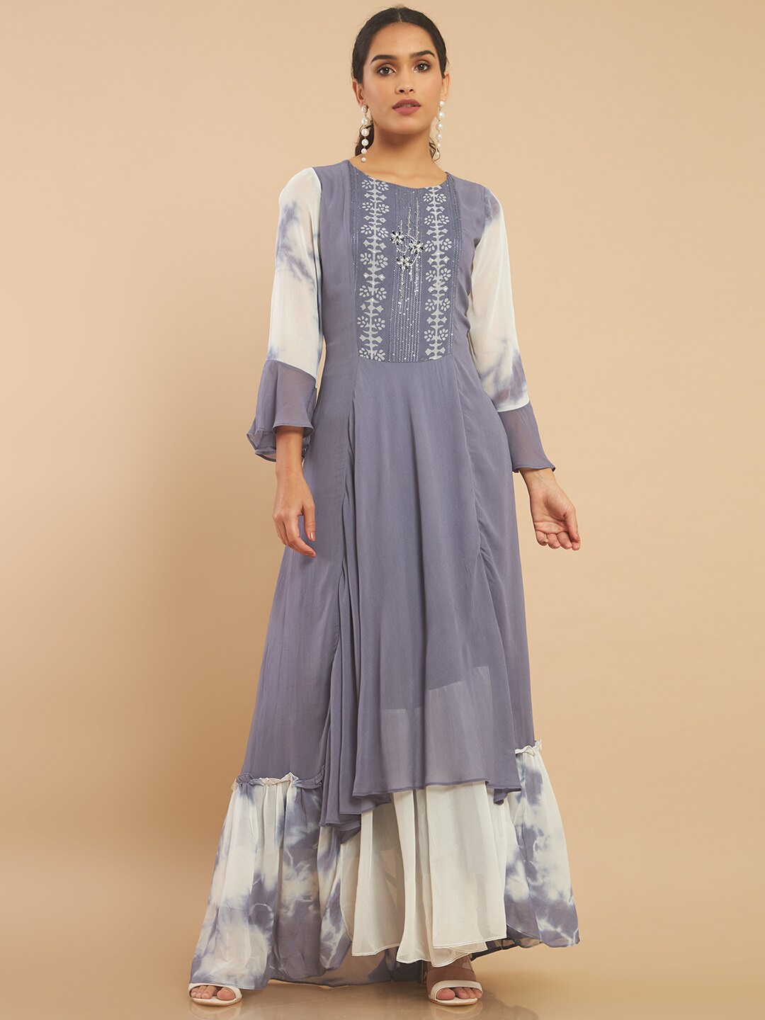 

Soch Women Grey Ethnic Motifs Yoke Design Bell Sleeves Georgette Anarkali Kurta