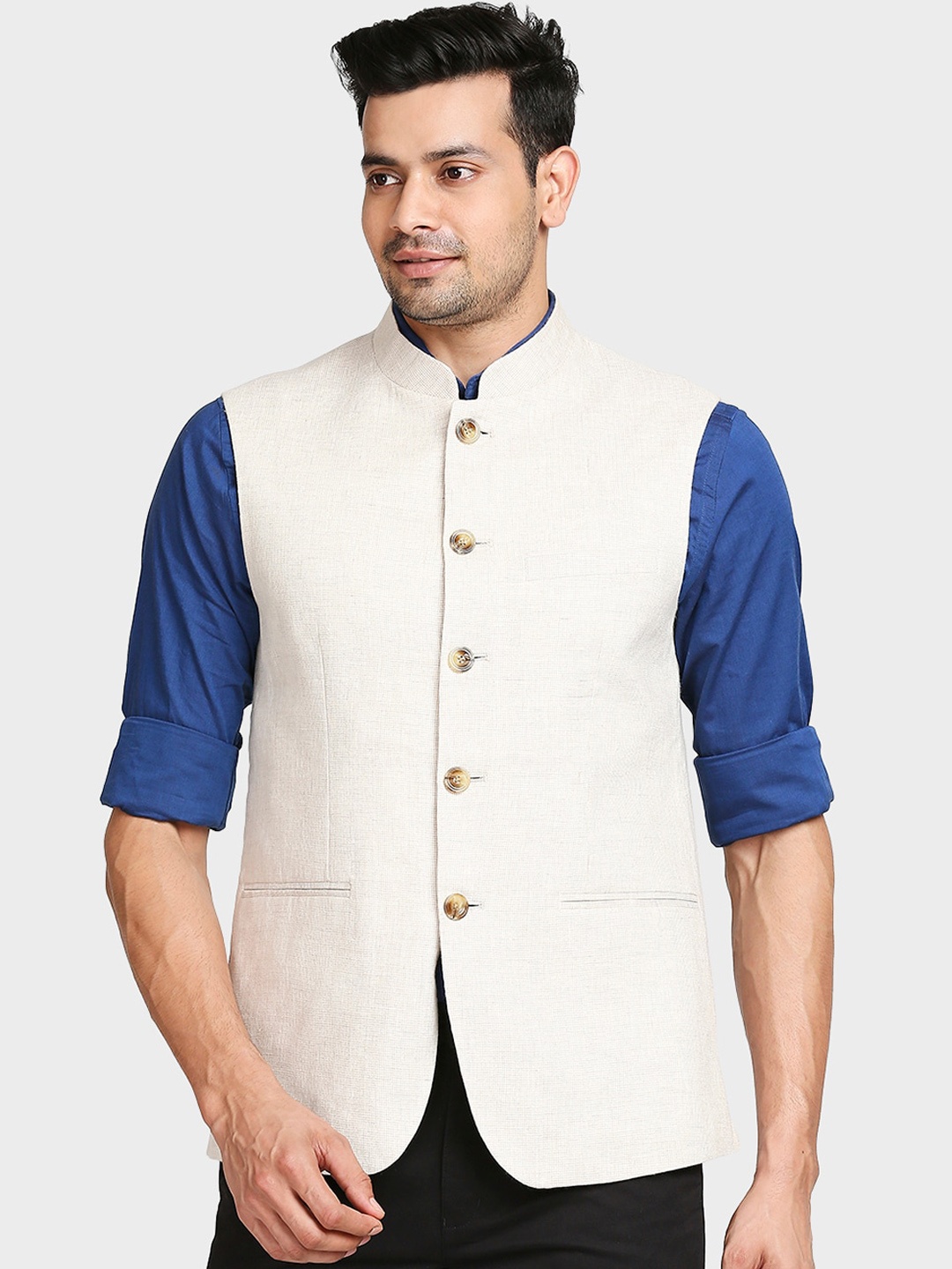 

ColorPlus Men Beige Solid Custom Fit Nehru Jacket