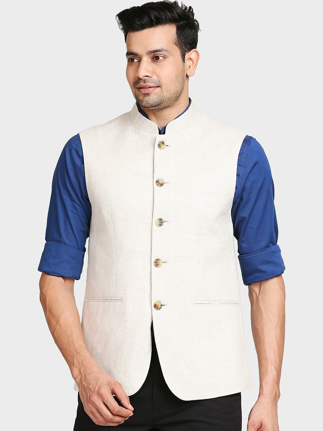 

ColorPlus Men Beige Solid Woven Design Nehru Jackets