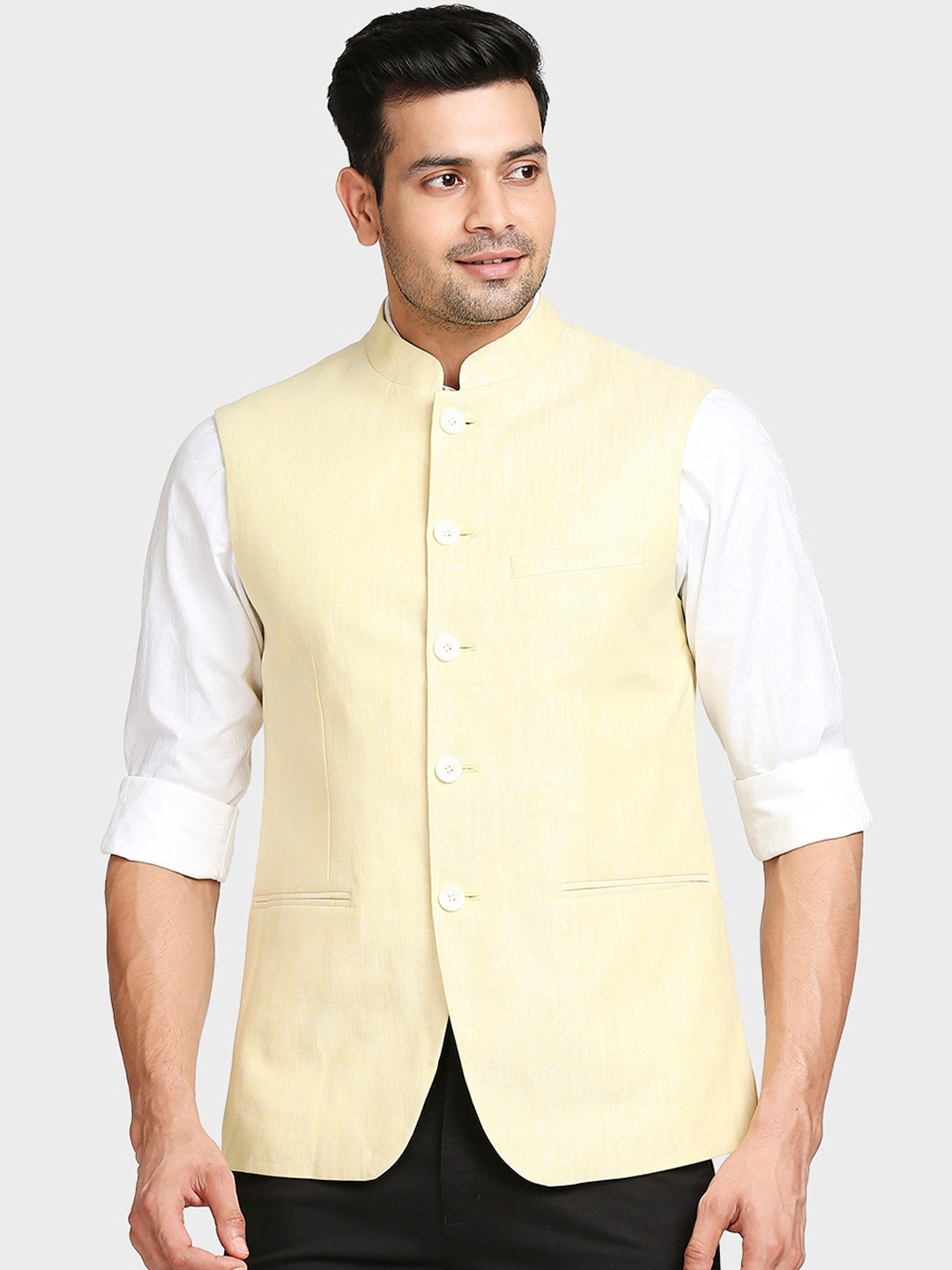 

ColorPlus Men Yellow Solid Woven Design Nehru Jackets
